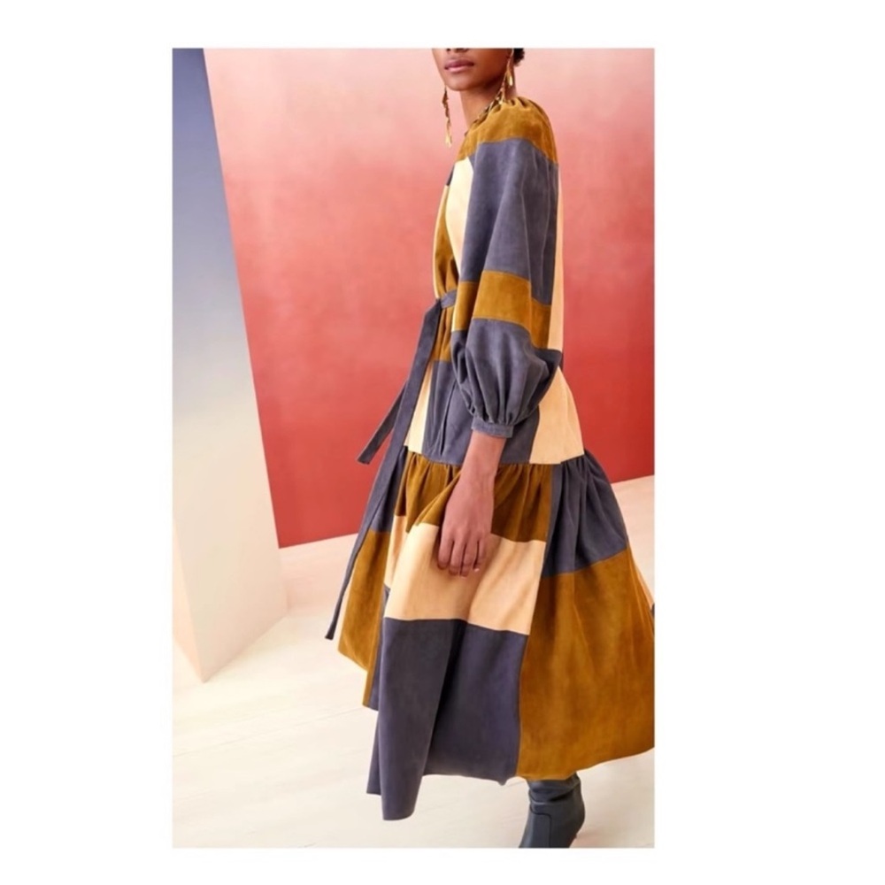 New! Rare ULLA JOHNSON Bernadine Patchwork Lambskin Suede Leather Midi Dress - Picture 4 of 12